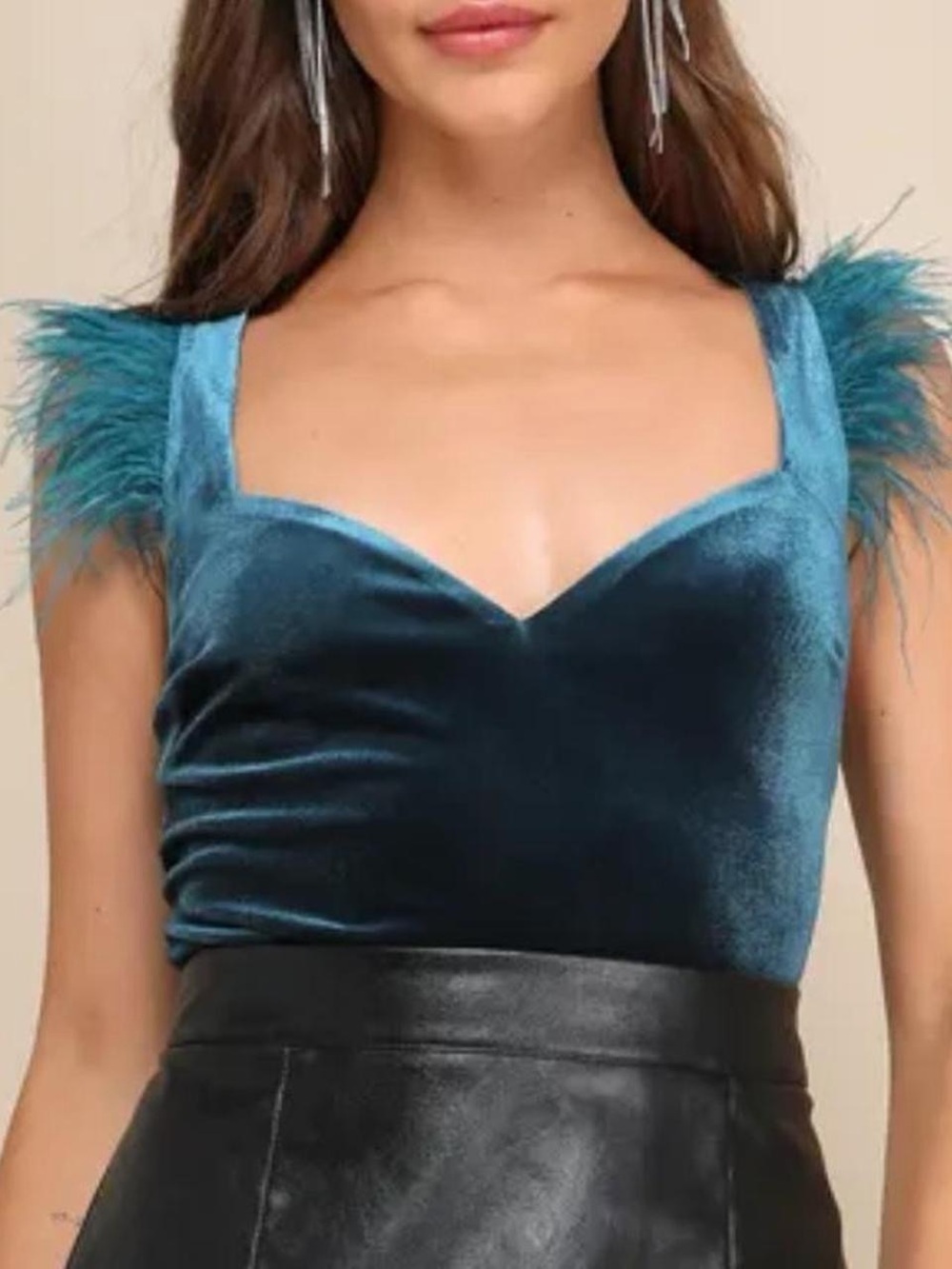 Teal Blue Velvet Feather Sleeveless Bodysuit